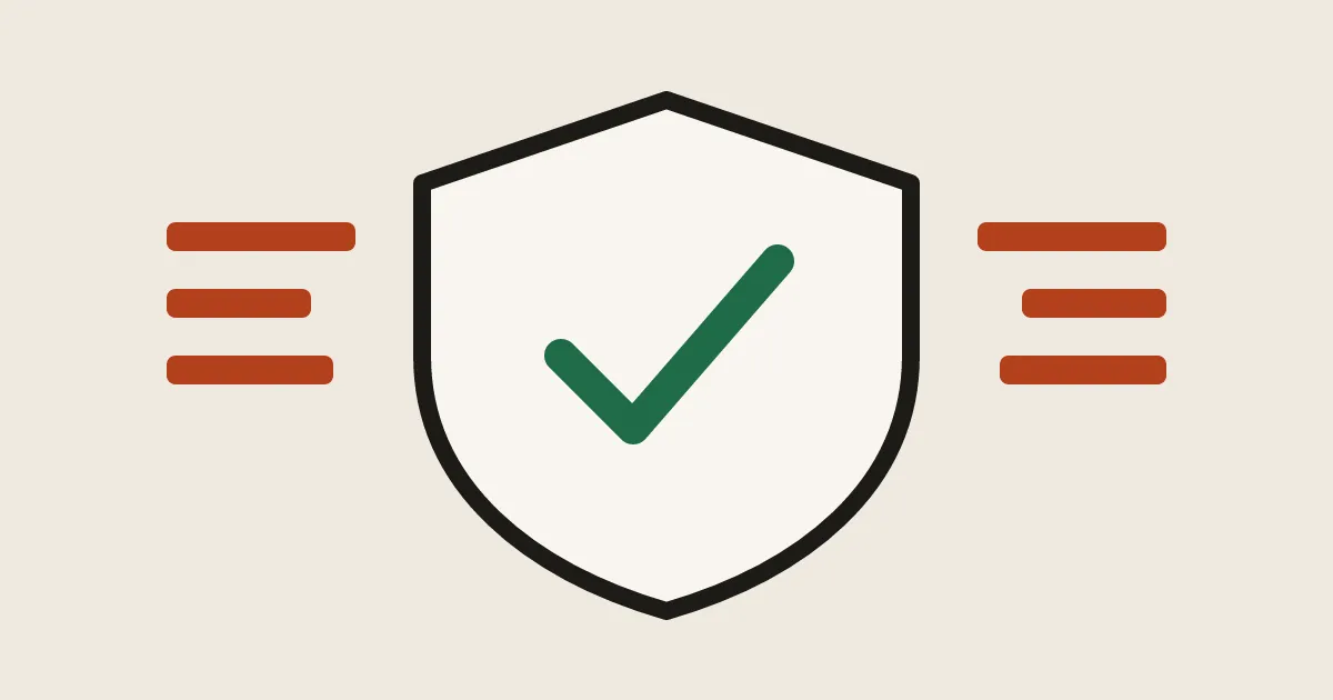 Escudo com um sinal de visto verde, entre linhas que lembram uma lista de verificação