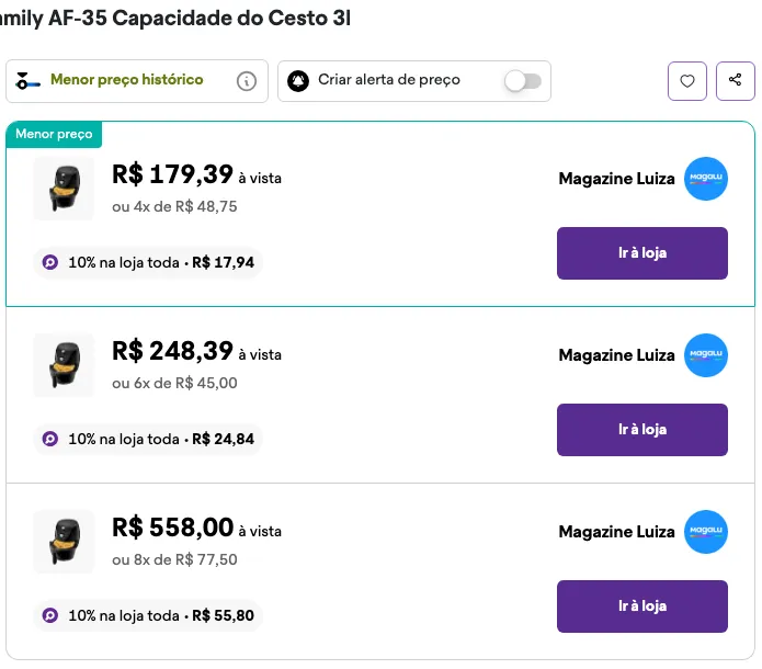 Três ofertas da mesma air fryer no Zoom em 05/10/2026: R$ 179,39, R$ 248,39 e R$ 558,00